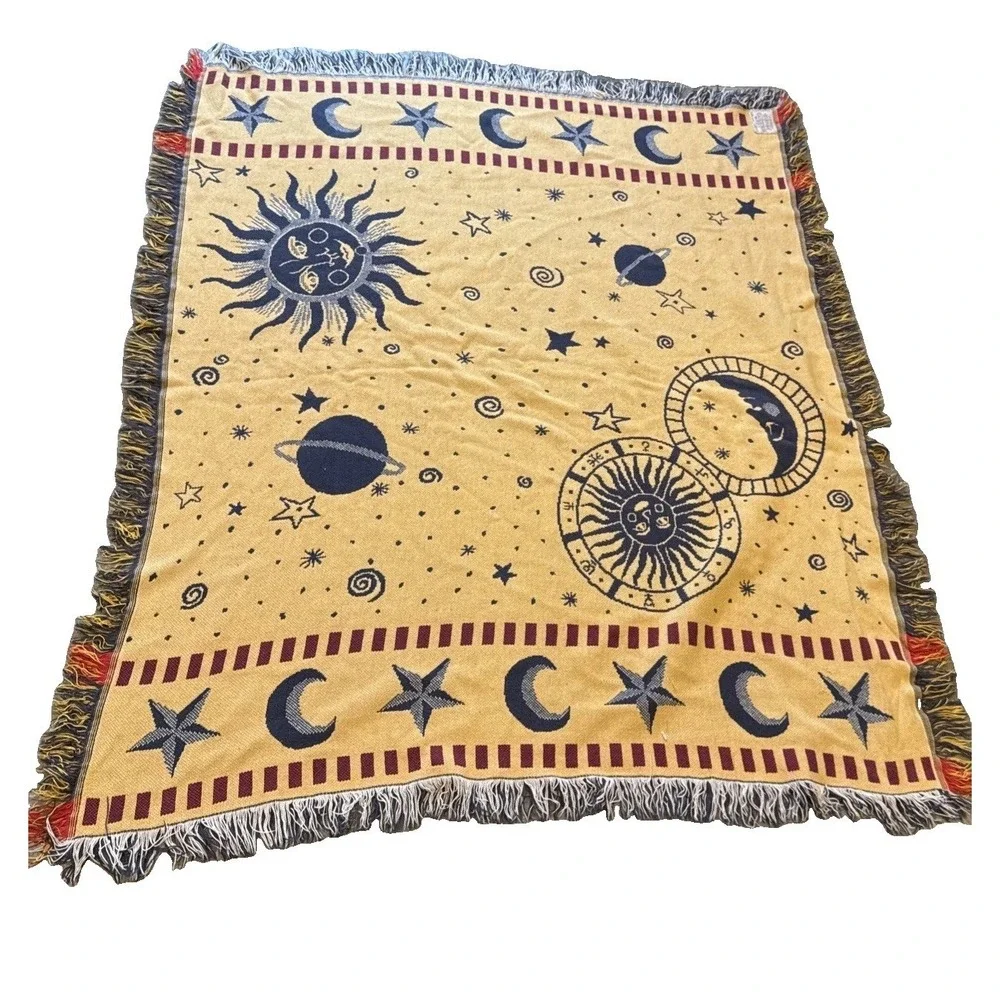 Vtg Goodwin Weavers Celestial Throw Blanket 90s Y2K Sun Moon 100% Cotton #14900